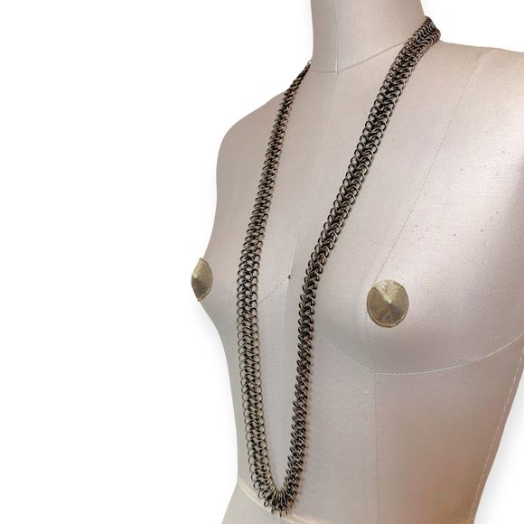 Vintage Oxidized Brass Long Chainmail Chain Necklace, Unisex - Picture 8 of 8